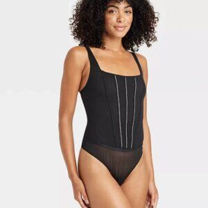 NEW Women's Rhinestone Lingerie Bodysuit - Auden™ Black Small